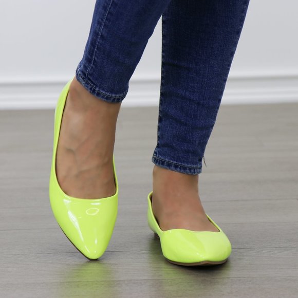 Neon Yellow Close Pointy Toe Slip Flat Shoes - Picture 4 of 8
